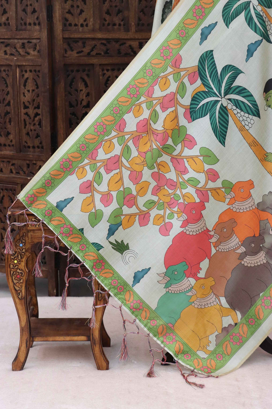 Ivory White Malai Silk Dupatta with Tribal Cow Motifs, Palm Tree Folk Art & Green Floral Border with Tassels
