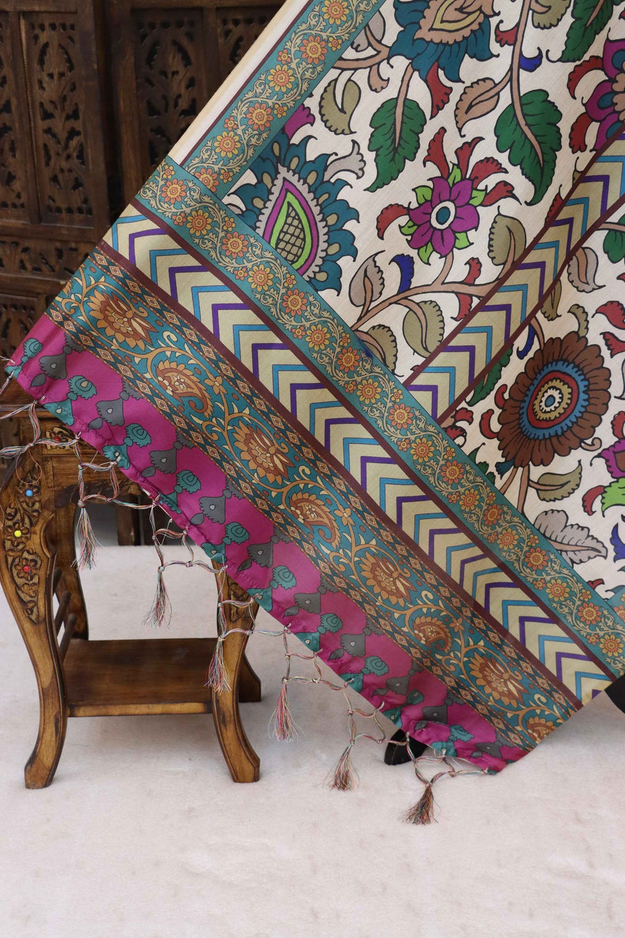 Ivory White Malai Silk Dupatta with Multicolor Floral & Paisley Print, Chevron Border and Tassel Detailing