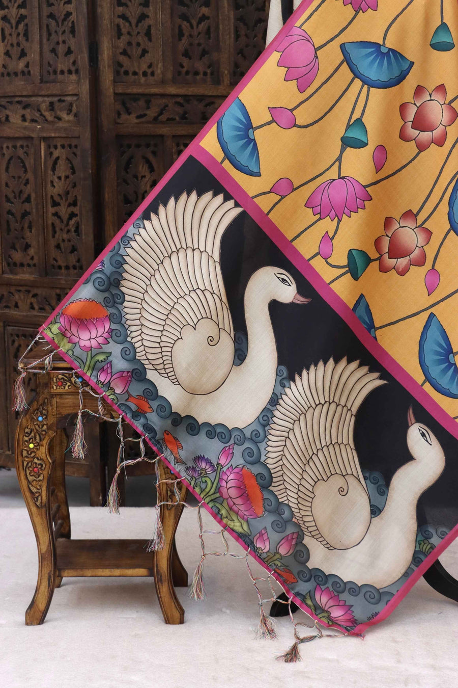 Mustard Yellow Malai Silk Dupatta with Swan Motif Border, Lotus Floral Print & Pink Contrast Edges with Tassels