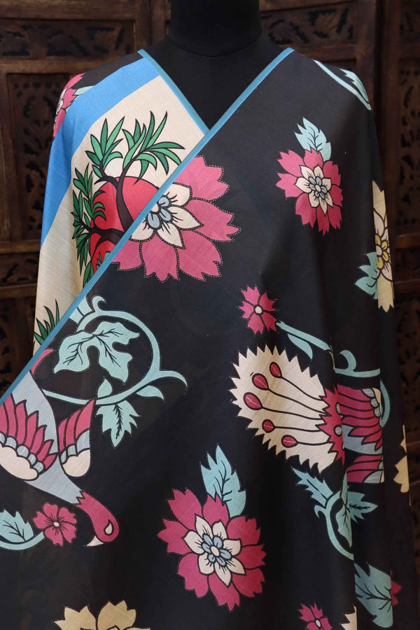 Black Malai Silk Dupatta with Floral Print Body, Bird & Tree Motif Border and Sky Blue Contrast Edging with Tassels