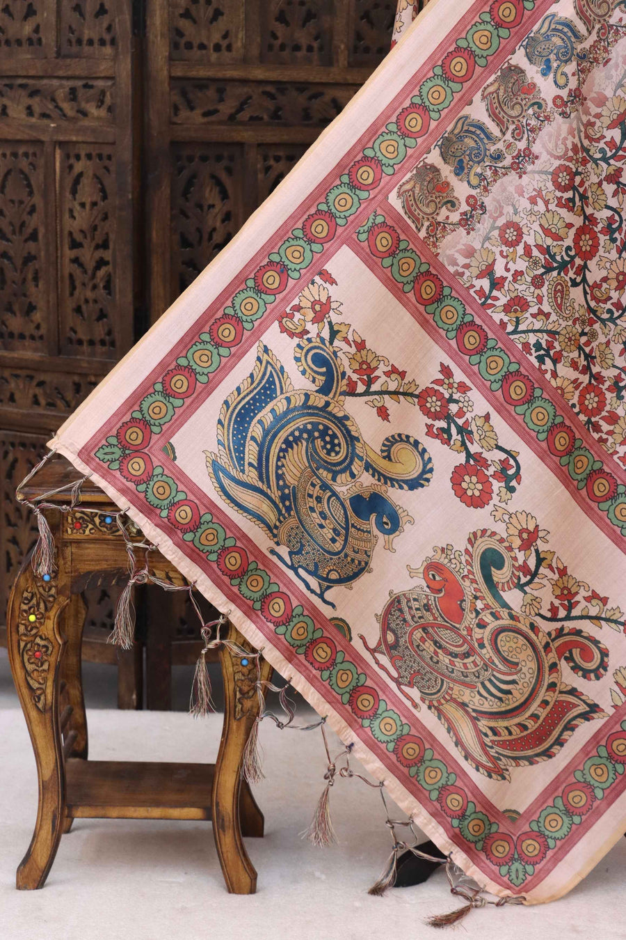 Blush Pink Malai Silk Dupatta with Floral Vine Print, Peacock Motif Border & Traditional Contrast Edging with Tassels