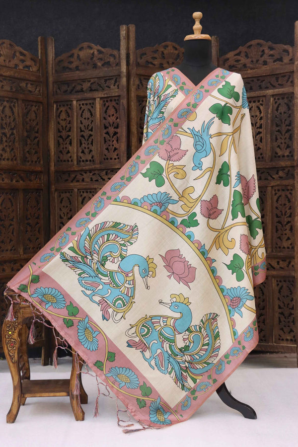 Ivory & Pastel Pink Malai Silk Dupatta with Peacock Motif Panel, Floral Vine Print & Contrast Border with Tassels