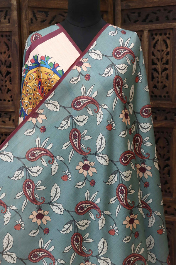 Ivory Malai Silk Dupatta with Heritage Crowd Illustration Border, Pastel Leaf Motifs & Tassel Detailing