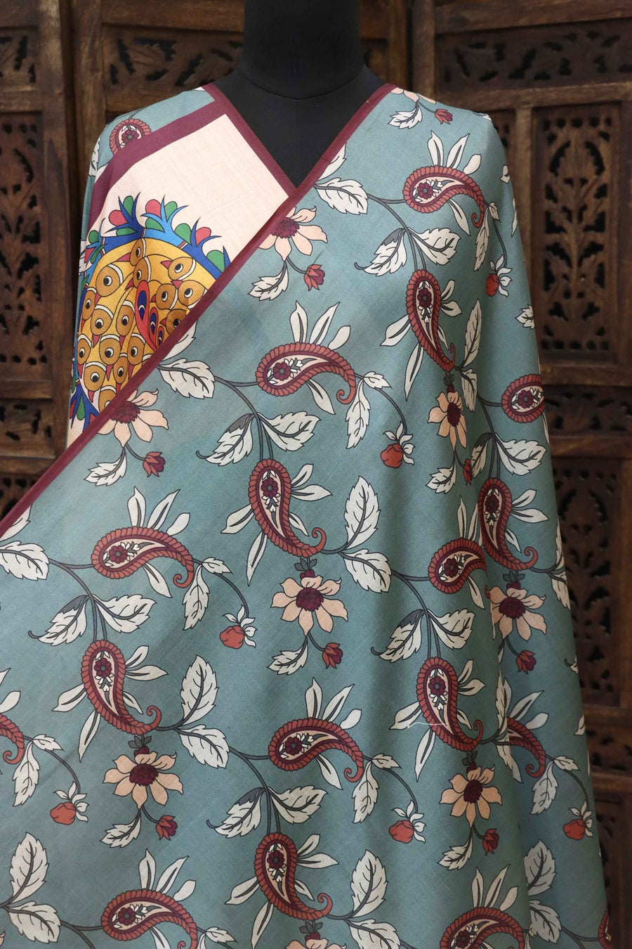Ivory Malai Silk Dupatta with Heritage Crowd Illustration Border, Pastel Leaf Motifs & Tassel Detailing