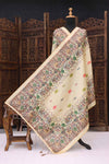 Sage Green & Ivory Malai Silk Dupatta with Paisley Floral Print, Peacock Motif Panel & Contrast Border with Tassels