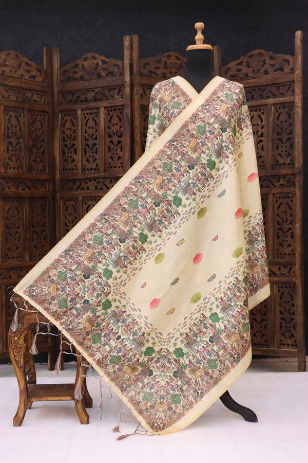 Sage Green & Ivory Malai Silk Dupatta with Paisley Floral Print, Peacock Motif Panel & Contrast Border with Tassels