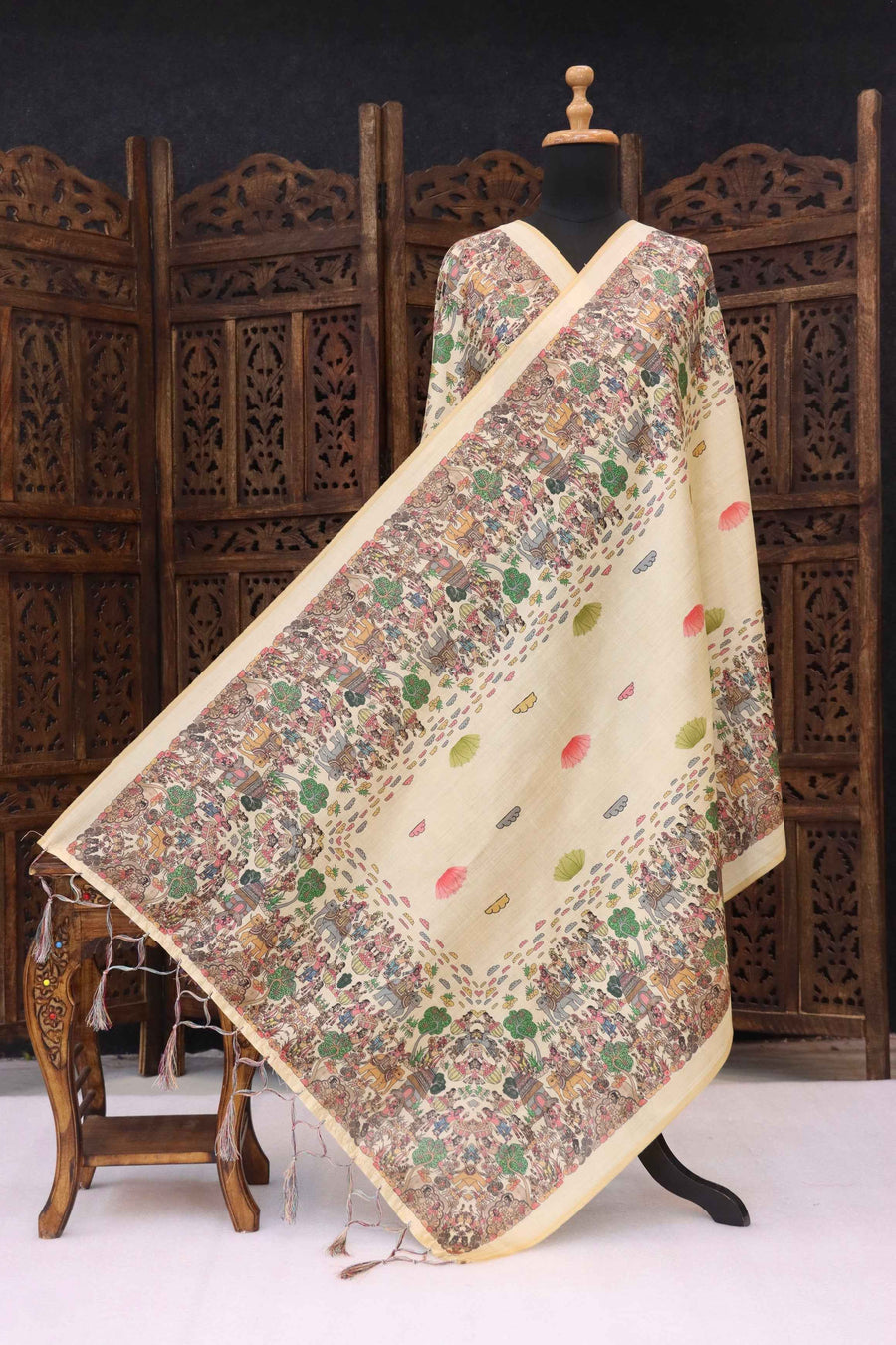 Sage Green & Ivory Malai Silk Dupatta with Paisley Floral Print, Peacock Motif Panel & Contrast Border with Tassels
