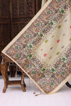Sage Green & Ivory Malai Silk Dupatta with Paisley Floral Print, Peacock Motif Panel & Contrast Border with Tassels
