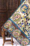 Ivory & Teal Malai Silk Dupatta with Circular Kalamkari Motifs, Floral Vine Print & Contrast Border