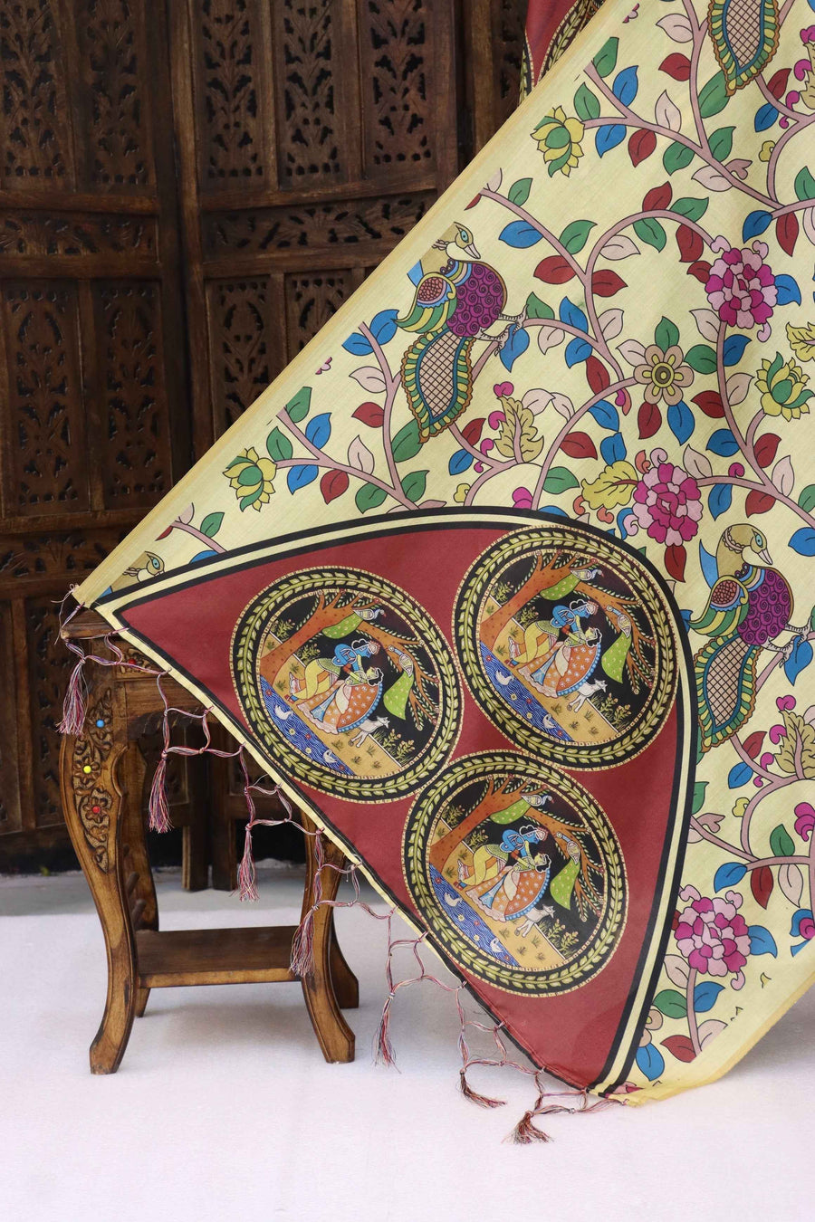 Lemon Yellow Malai Silk Dupatta with Peacock Vine Print & Circular Folk Art Pallu