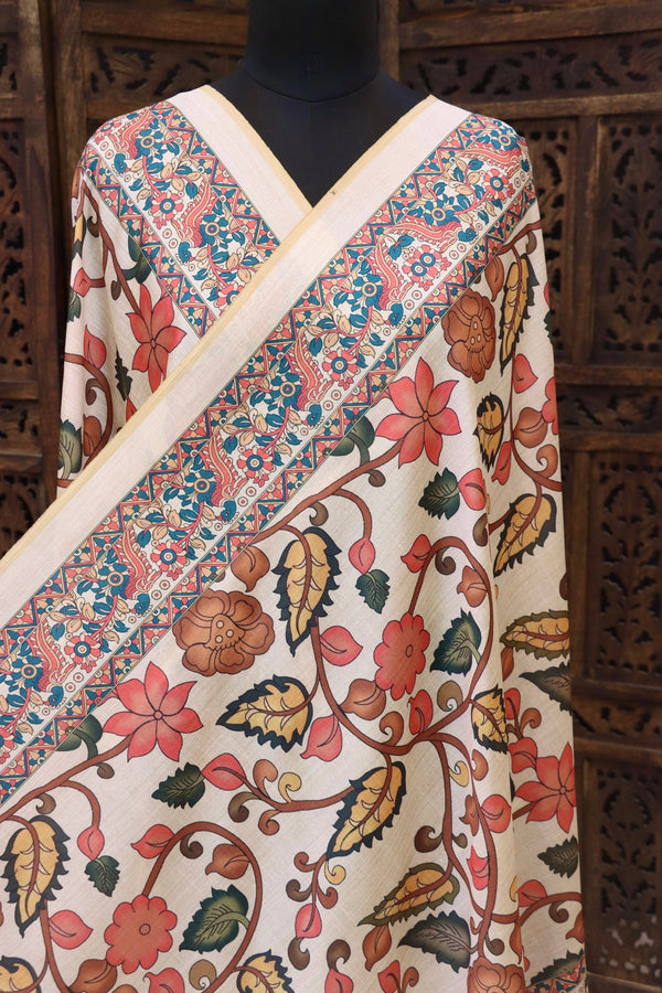Ivory Malai Silk Dupatta with Blue Floral Jaal & Multicolor Folk Medallion Border