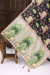 Black Malai Silk Dupatta with Cow Motif & Palm Tree Border – Folk Inspired Ethnic Elegance