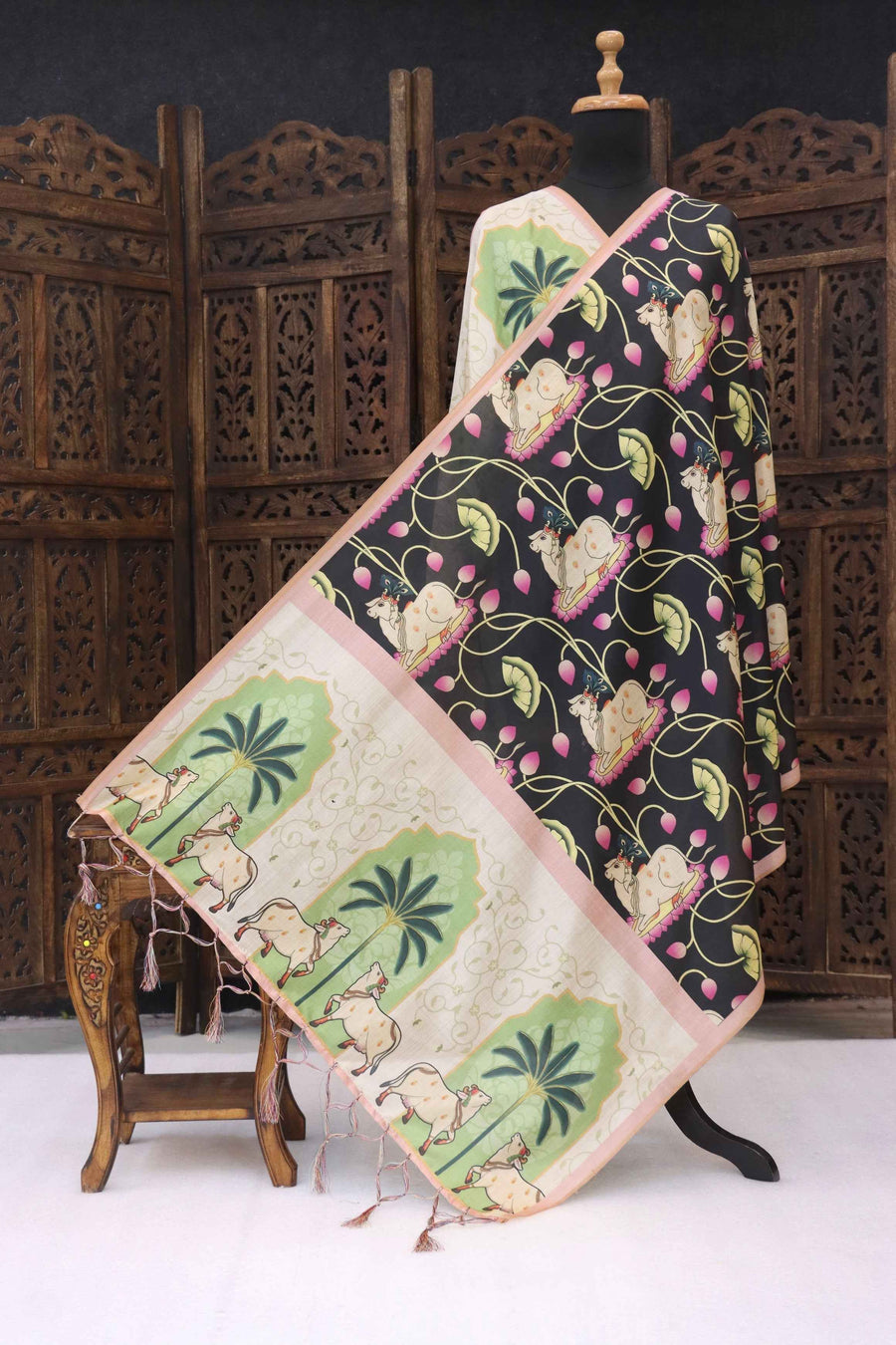 Black Malai Silk Dupatta with Cow Motif & Palm Tree Border – Folk Inspired Ethnic Elegance