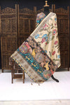 Ivory & Teal Malai Silk Dupatta with Floral Vine Body & Folk Animal Art Border – Handcrafted Ethnic Elegance