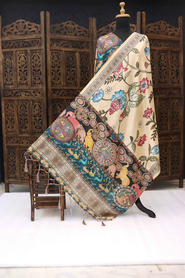 Ivory & Teal Malai Silk Dupatta with Floral Vine Body & Folk Animal Art Border – Handcrafted Ethnic Elegance