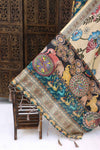 Ivory & Teal Malai Silk Dupatta with Floral Vine Body & Folk Animal Art Border – Handcrafted Ethnic Elegance