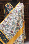 Ivory Malai Silk Dupatta with Multicolor Floral Jaal & Bottle Green Kalamkari-Style Pallu – Festive Handcrafted Elegance