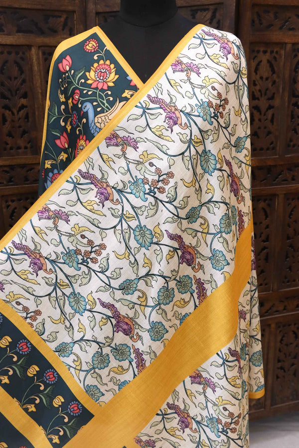 Ivory Malai Silk Dupatta with Multicolor Floral Jaal & Bottle Green Kalamkari-Style Pallu – Festive Handcrafted Elegance
