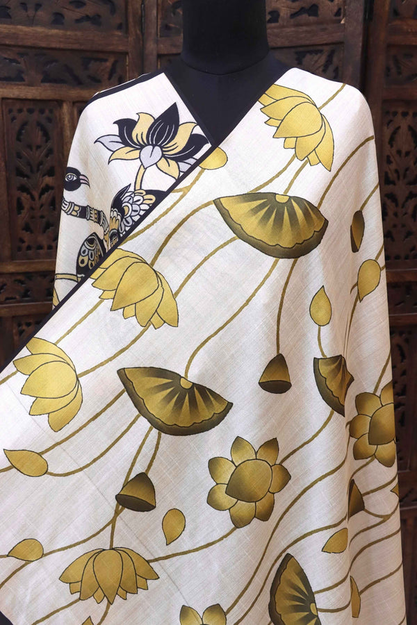 Ivory Malai Silk Dupatta with Mustard Floral Flow & Kalamkari Bird Pallu – Handcrafted Ethnic Accent