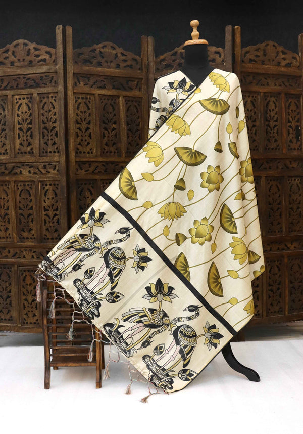 Ivory Malai Silk Dupatta with Mustard Floral Flow & Kalamkari Bird Pallu – Handcrafted Ethnic Accent