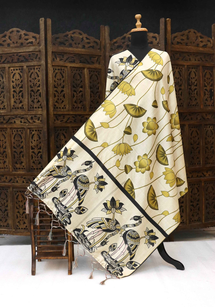 Ivory Malai Silk Dupatta with Mustard Floral Flow & Kalamkari Bird Pallu – Handcrafted Ethnic Accent