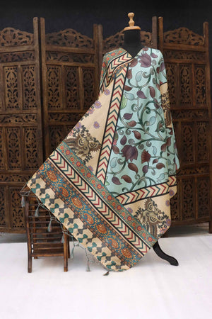 Mint Blue Malai Silk Dupatta with Floral Vines, Chevron Borders & Kalamkari Owl Motifs – Ethnic Statement Piece