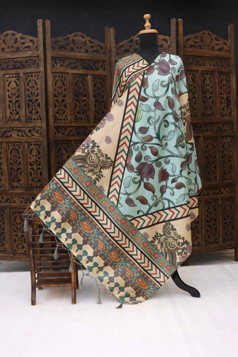Mint Blue Malai Silk Dupatta with Floral Vines, Chevron Borders & Kalamkari Owl Motifs – Ethnic Statement Piece
