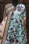 Mint Blue Malai Silk Dupatta with Floral Vines, Chevron Borders & Kalamkari Owl Motifs – Ethnic Statement Piece