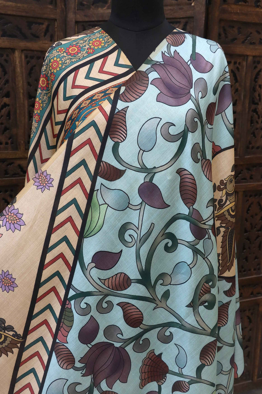 Mint Blue Malai Silk Dupatta with Floral Vines, Chevron Borders & Kalamkari Owl Motifs – Ethnic Statement Piece