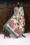 Ivory Malai Silk Dupatta with Turquoise Border & Twin Bird Kalamkari Motifs – Handcrafted Floral Ethnic Elegance