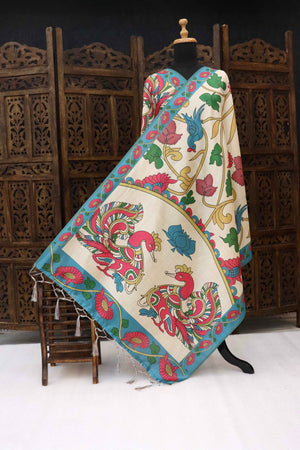 Ivory Malai Silk Dupatta with Turquoise Border & Twin Bird Kalamkari Motifs – Handcrafted Floral Ethnic Elegance