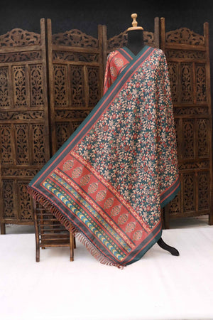 Bottle Green & Rust Malai Silk Dupatta with Floral Jaali Print & Kalamkari Border – Handcrafted Ethnic Drape