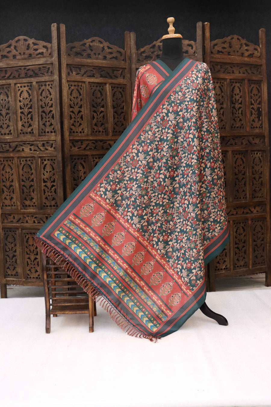 Bottle Green & Rust Malai Silk Dupatta with Floral Jaali Print & Kalamkari Border – Handcrafted Ethnic Drape