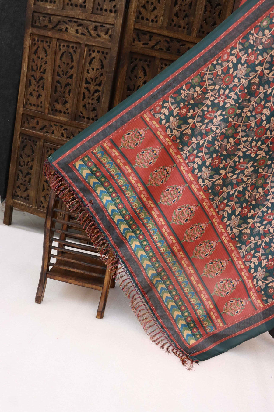Bottle Green & Rust Malai Silk Dupatta with Floral Jaali Print & Kalamkari Border – Handcrafted Ethnic Drape
