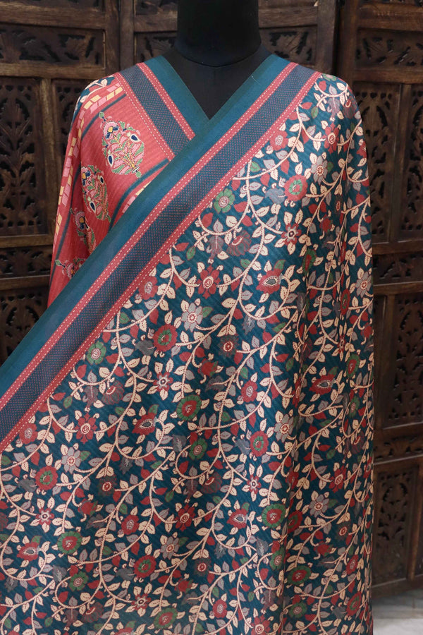 Bottle Green & Rust Malai Silk Dupatta with Floral Jaali Print & Kalamkari Border – Handcrafted Ethnic Drape