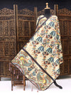 Beige Malai Silk Dupatta with Tribal Floral Print & Peacock Motif Border – Handcrafted Ethnic Stole
