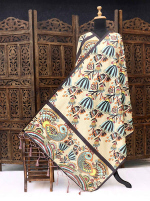 Beige Malai Silk Dupatta with Tribal Floral Print & Peacock Motif Border – Handcrafted Ethnic Stole