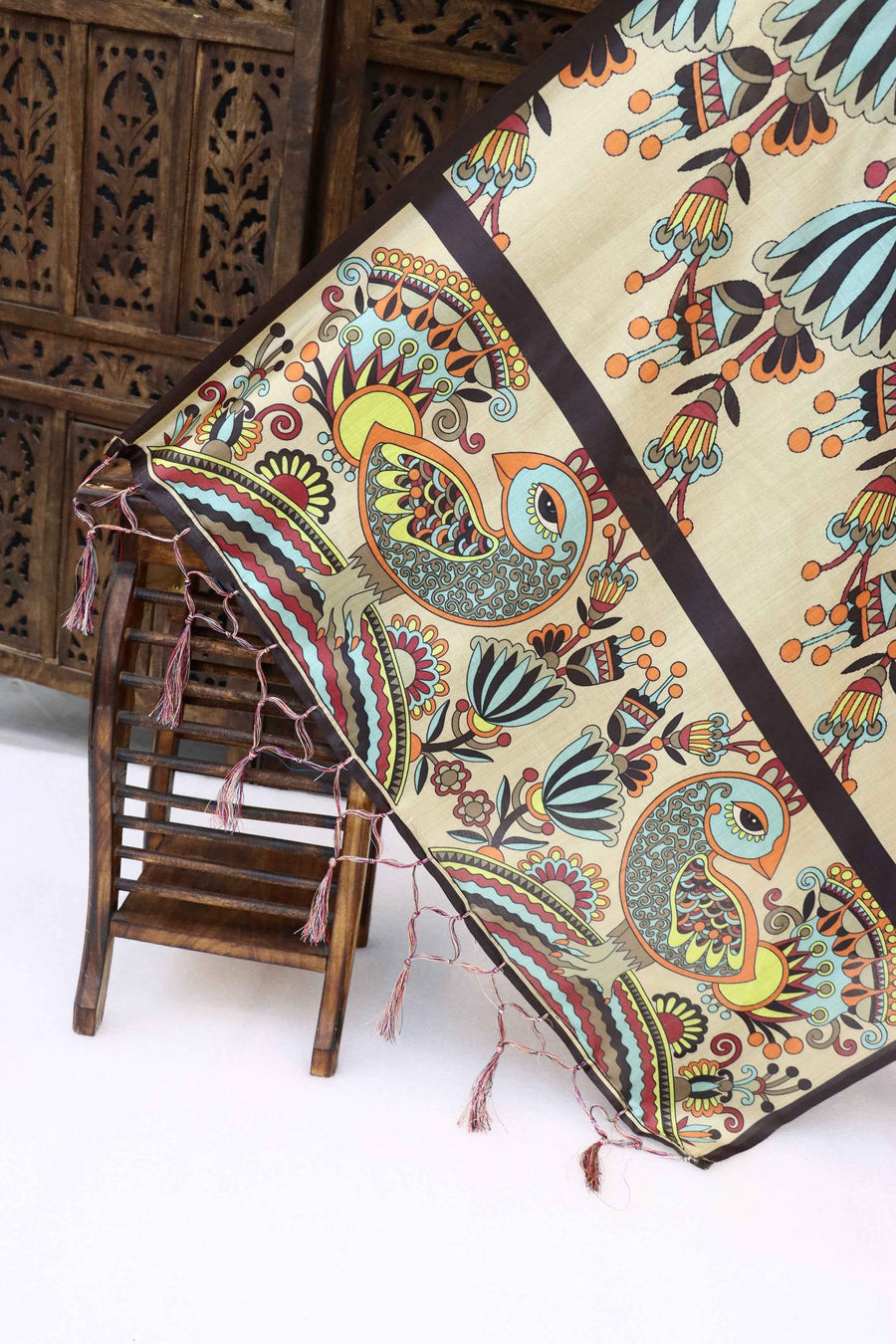 Beige Malai Silk Dupatta with Tribal Floral Print & Peacock Motif Border – Handcrafted Ethnic Stole