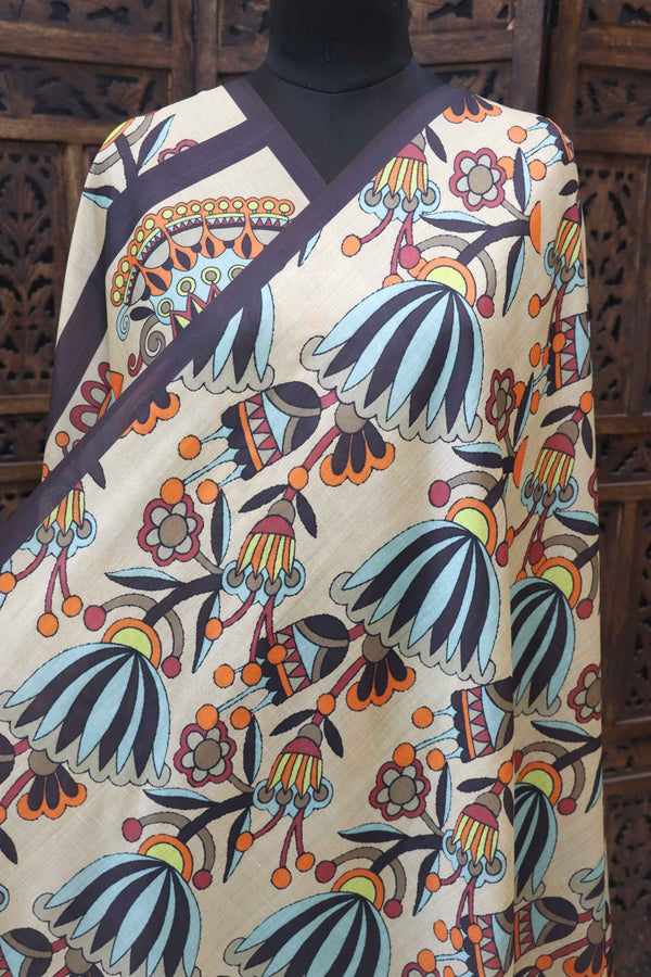 Beige Malai Silk Dupatta with Tribal Floral Print & Peacock Motif Border – Handcrafted Ethnic Stole