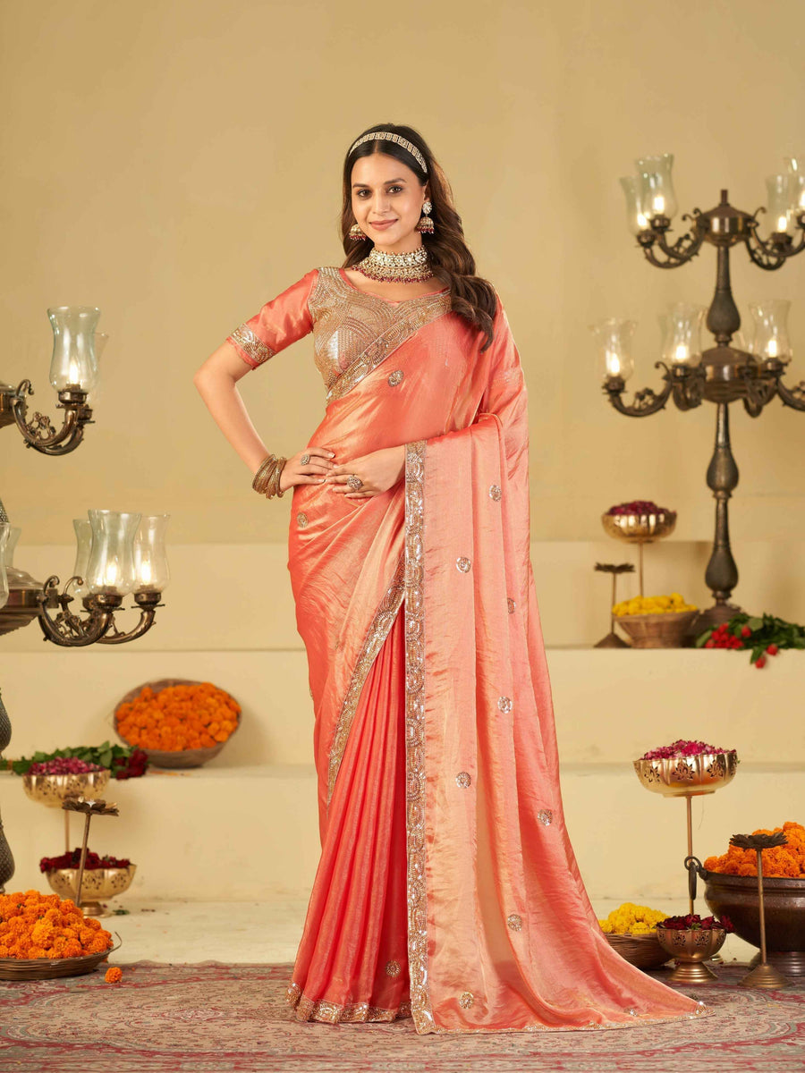 Peach Dual Tone Designer Fendy Satin Saree with Heavy Embroidered Blouse & Sequin Border | Premium Wedding Party Wear Saree