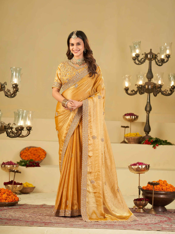 Mustard Yellow Designer Fendy Satin Saree with Heavy Embroidered Blouse & Sequin Border | Premium Festive Wedding Wear Saree