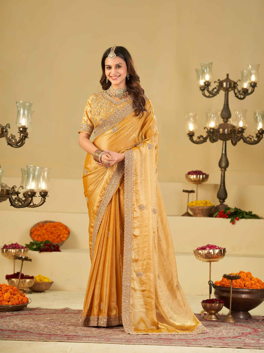 Mustard Yellow Designer Fendy Satin Saree with Heavy Embroidered Blouse & Sequin Border | Premium Festive Wedding Wear Saree
