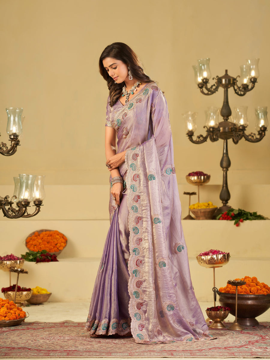 Lavender Designer Fendy Satin Saree with Multicolor Paisley Embroidery & Scalloped Embroidered Border | Festive Party Wear Saree