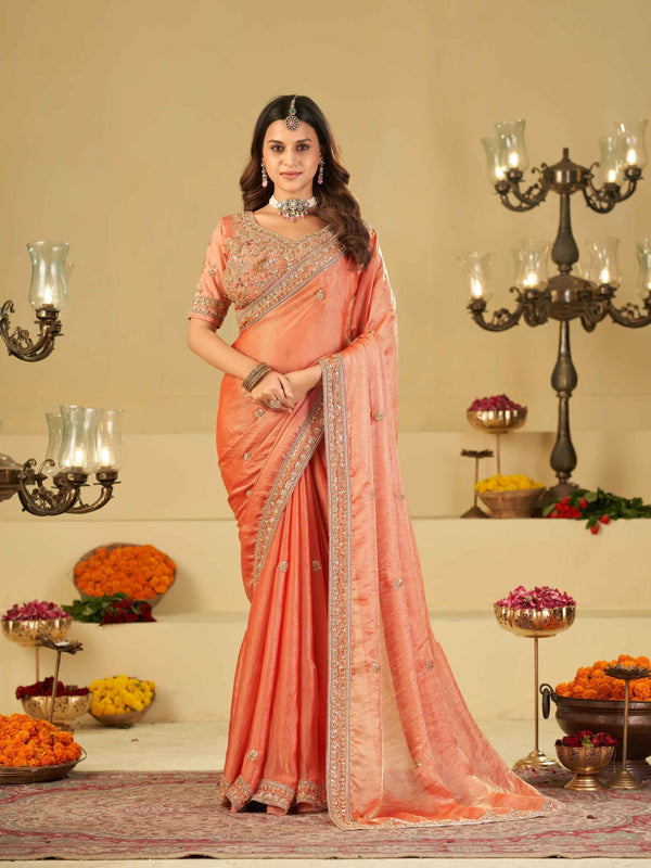 Peach Designer Fendy Satin Saree with Heavy Embroidered Blouse & Stone Work Border | Premium Wedding Party Wear Saree