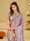 Lavender Designer Fendy Satin Saree with Multicolor Paisley Embroidery & Scalloped Embroidered Border | Festive Party Wear Saree