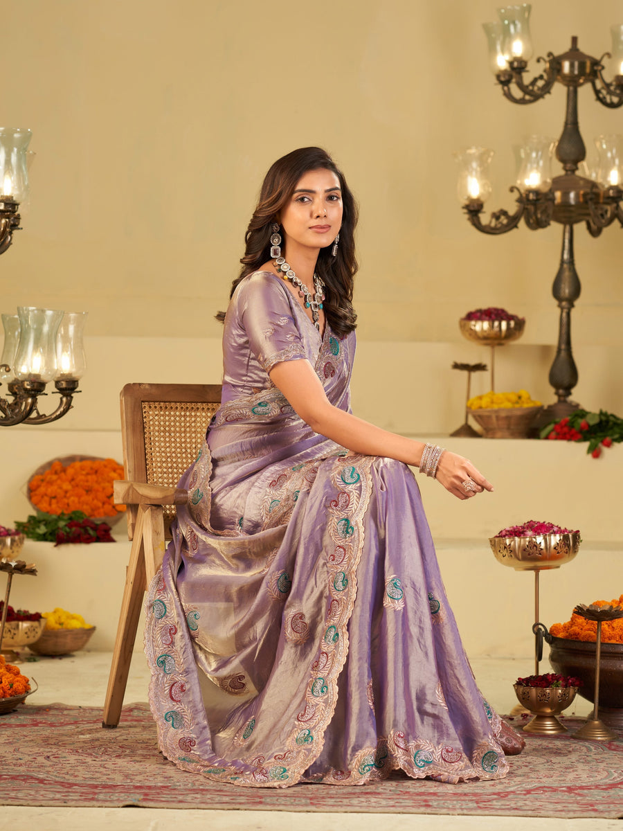Lavender Designer Fendy Satin Saree with Multicolor Paisley Embroidery & Scalloped Embroidered Border | Festive Party Wear Saree