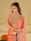 Peach Designer Fendy Satin Saree with Heavy Embroidered Blouse & Stone Work Border | Premium Wedding Party Wear Saree