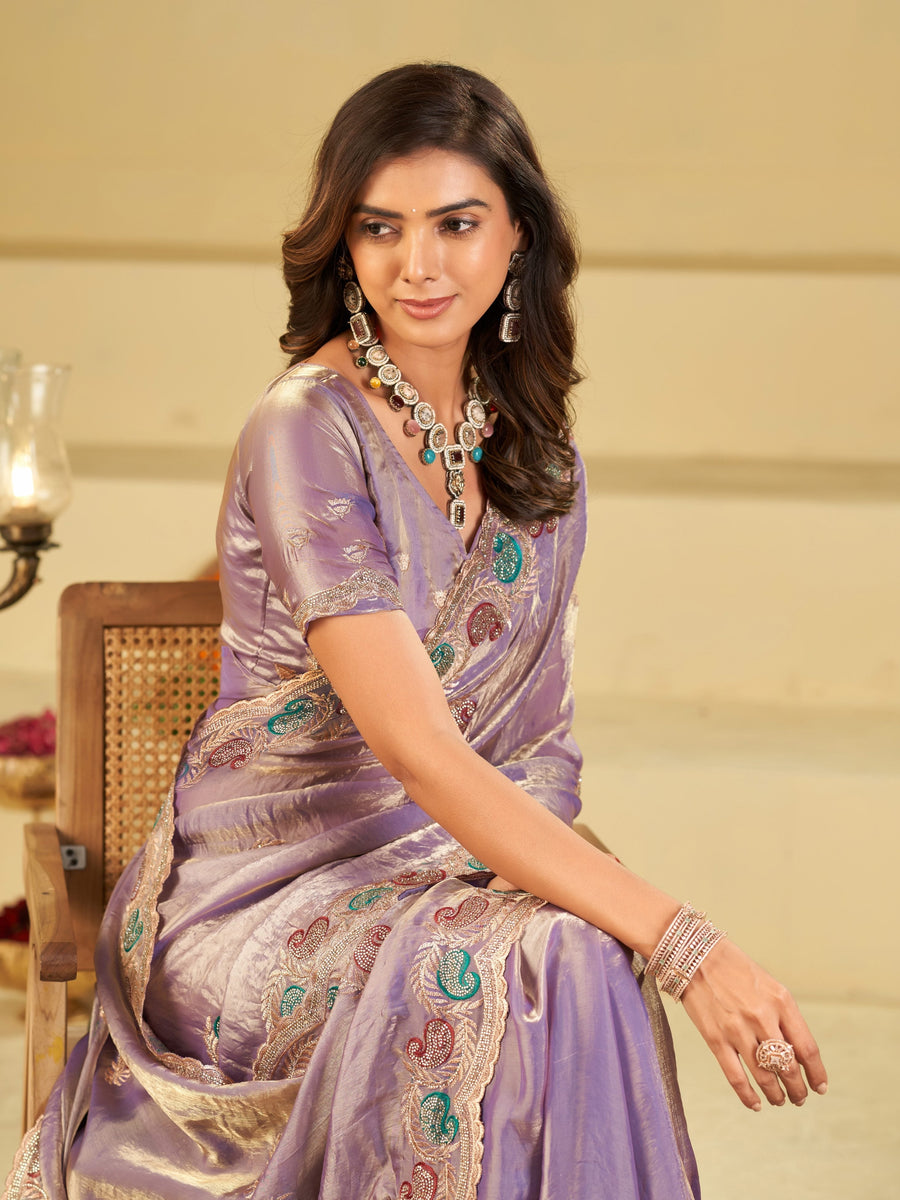 Lavender Designer Fendy Satin Saree with Multicolor Paisley Embroidery & Scalloped Embroidered Border | Festive Party Wear Saree