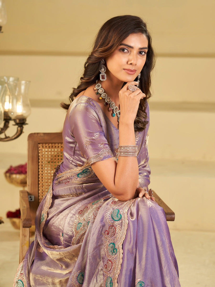 Lavender Designer Fendy Satin Saree with Multicolor Paisley Embroidery & Scalloped Embroidered Border | Festive Party Wear Saree