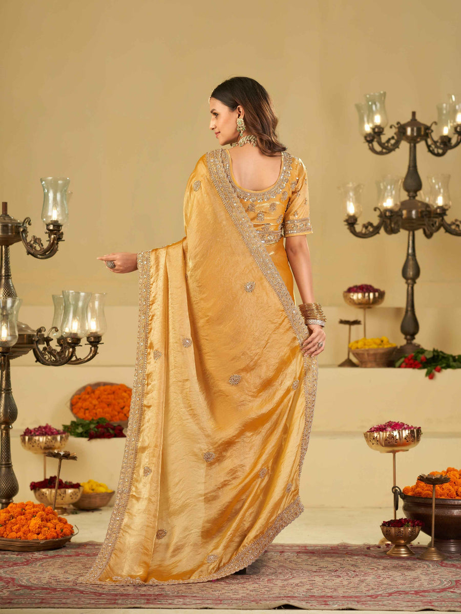 Mustard Yellow Designer Fendy Satin Saree with Heavy Embroidered Blouse & Sequin Border | Premium Festive Wedding Wear Saree